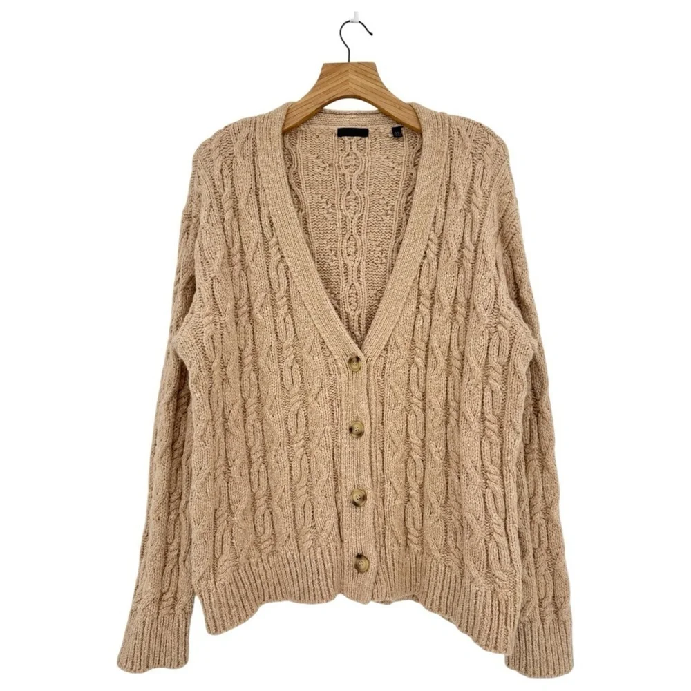 ATM Chunky Cable Knit Melillo Wool & Cotton Blend V-Neck Cardigan Sweater Size M